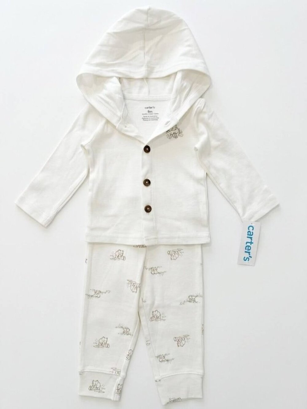 Carters Baby Unisex 9M 2 Piece Hooded Cardigan Pants Set Ivory Bear Print NWT